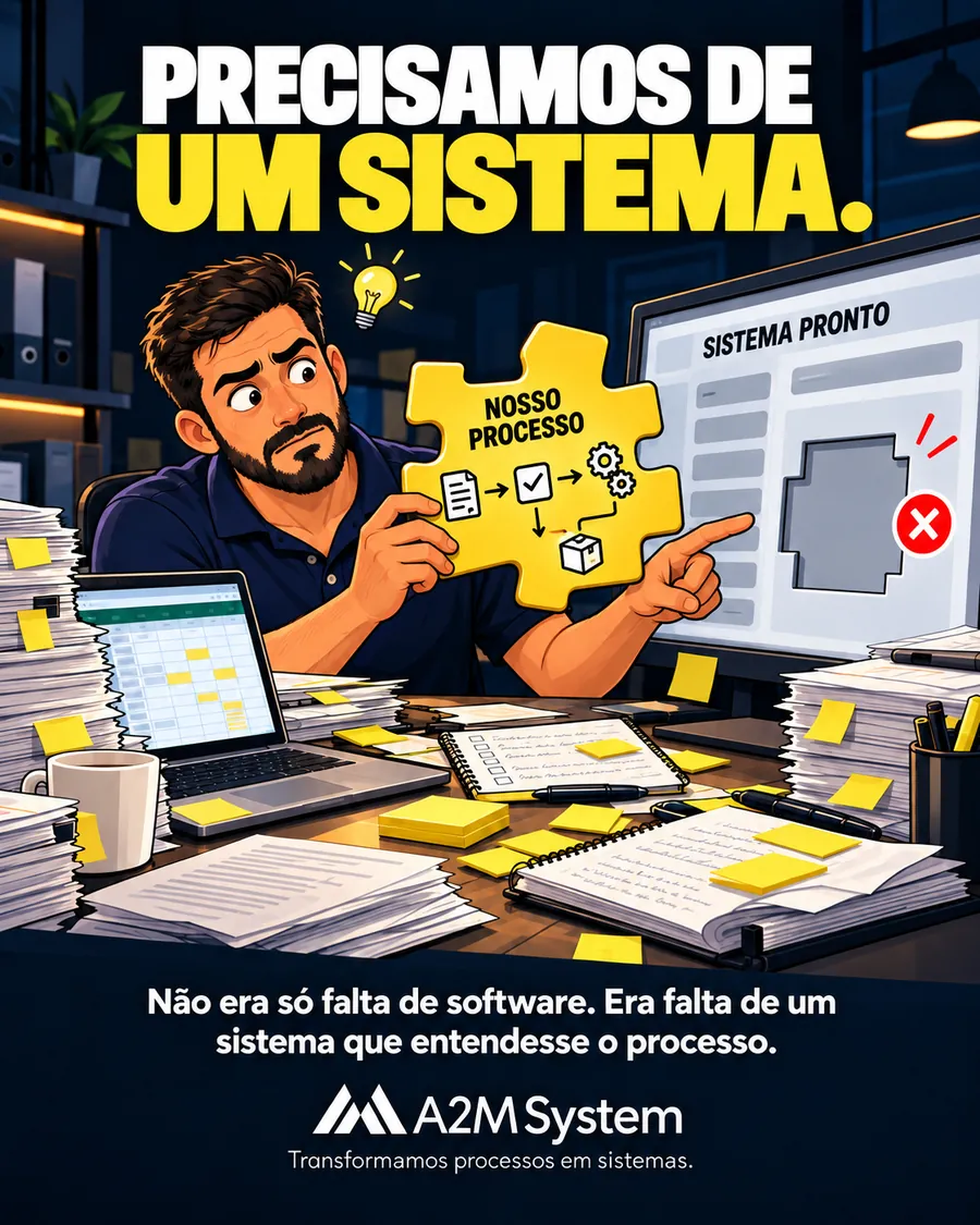 Precisamos de um sistema: a peça ‘nosso processo’ não encaixa em um sistema pronto. Não era só falta de software, era falta de um sistema que entendesse o processo.