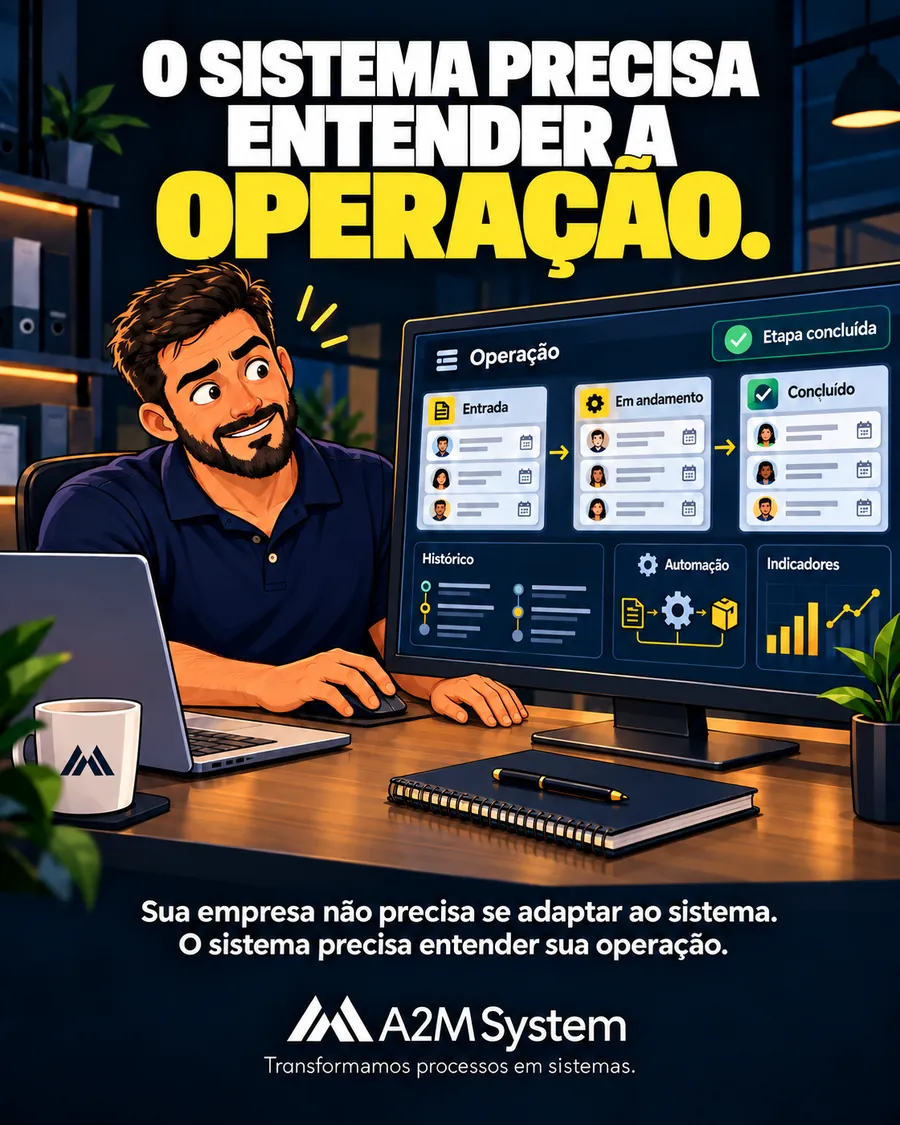 O sistema precisa entender a operação: o gestor sorri diante do painel da A2M com etapas, histórico, automação e indicadores.