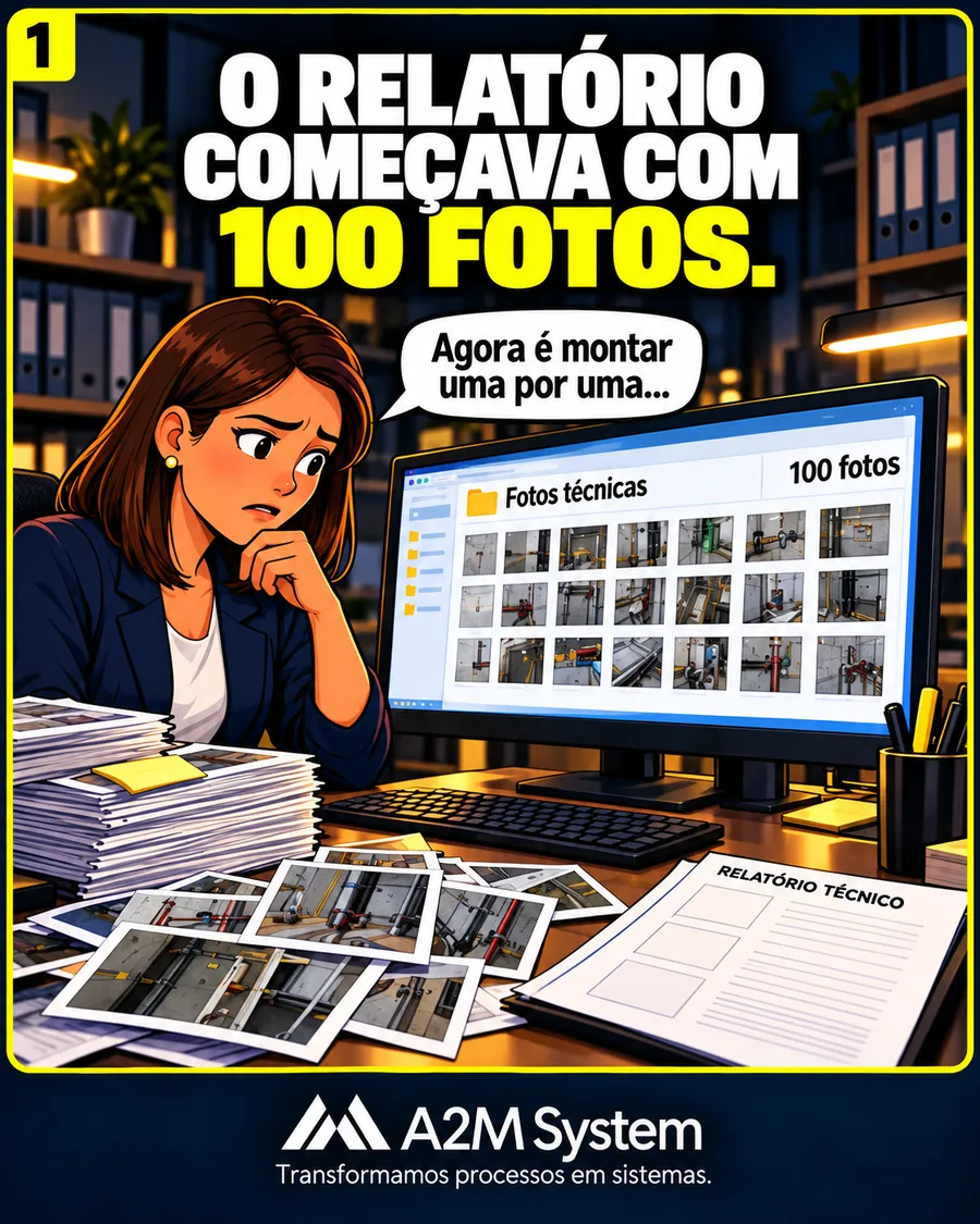 O relatório começava com 100 fotos: uma profissional preocupada diante de uma pasta com 100 fotos técnicas, pensando ‘Agora é montar uma por uma…’.