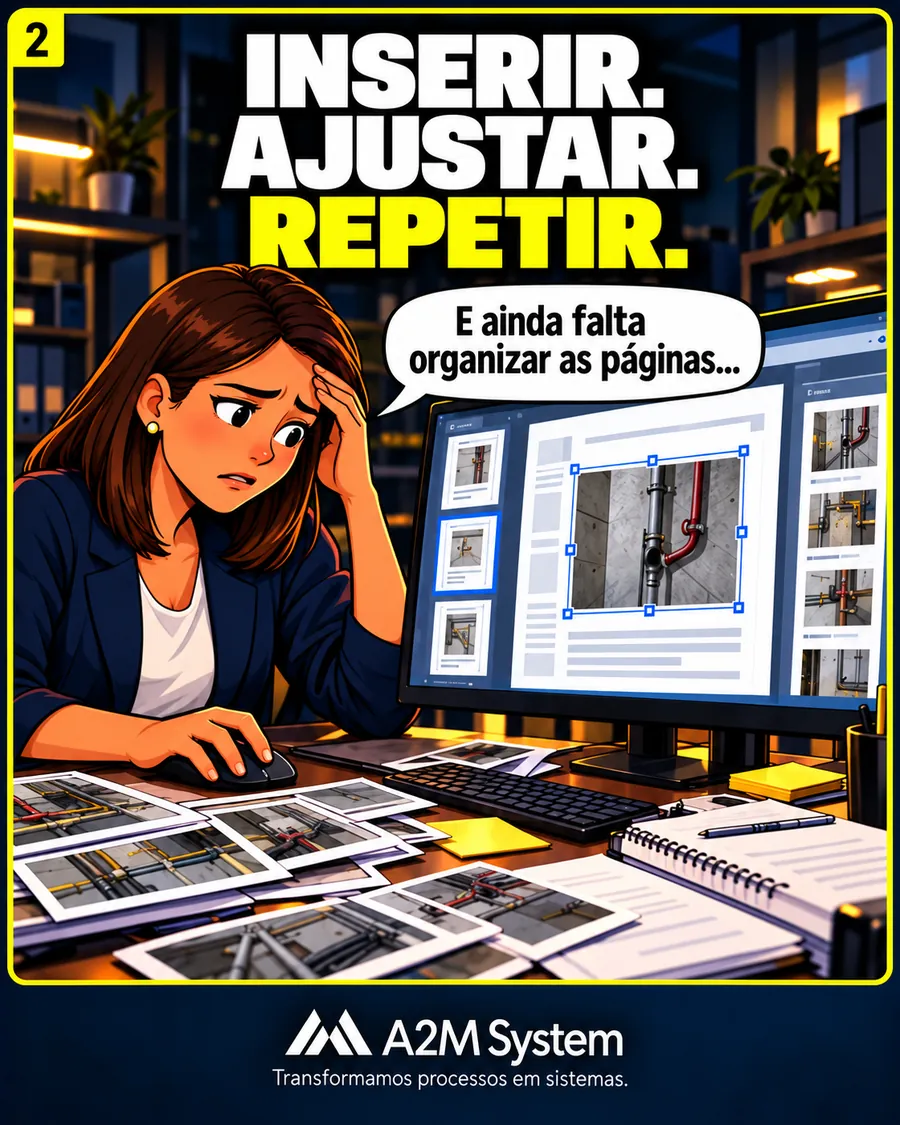 Inserir. Ajustar. Repetir: a profissional cansada ajustando fotos no documento, dizendo ‘E ainda falta organizar as páginas…’.