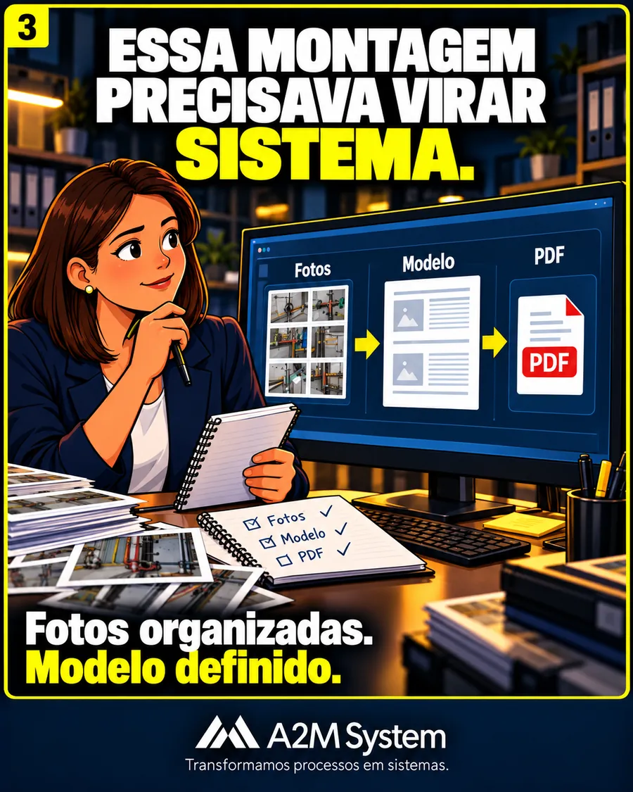 Essa montagem precisava virar sistema: fotos, modelo e PDF em sequência na tela. Fotos organizadas, modelo definido.