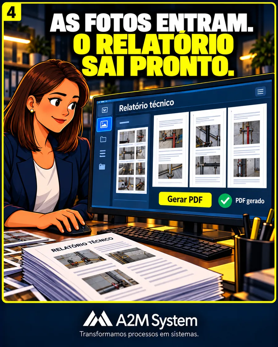 As fotos entram, o relatório sai pronto: tela com relatório técnico, botão ‘Gerar PDF’ e a confirmação ‘PDF gerado’.